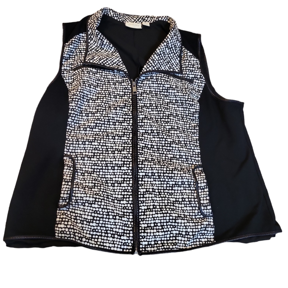 Chico's  Black and white dotted zip up vest slimming side panels 3